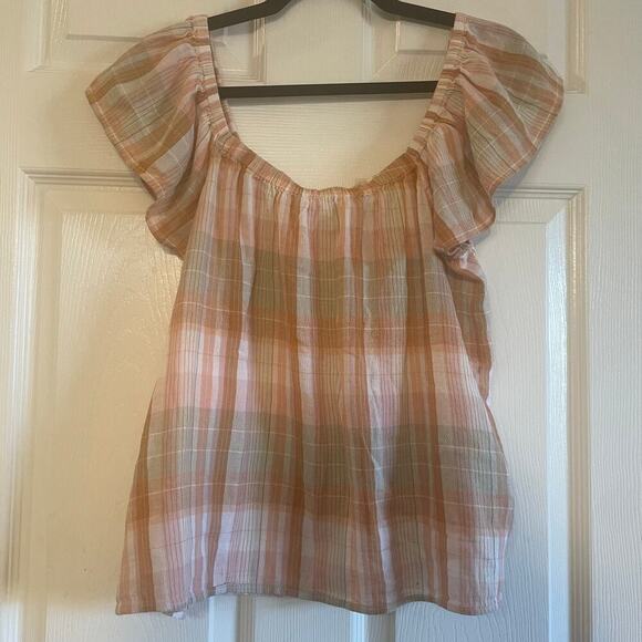 Lucky Tops - Lucky Brand Emily Plaid Short Flutter Sleeve Shirt Top Size L
